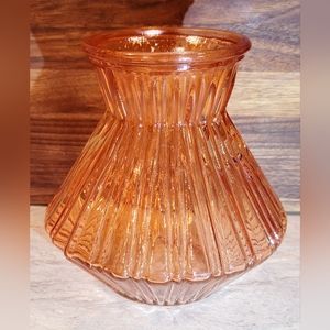 Ribbon Ridge 5.5" Squatted Mid Century Modern Vase Pink Amber Glass